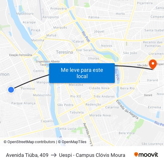 Avenida Tiúba, 409 to Uespi - Campus Clóvis Moura map
