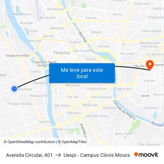 Avenida Circular, 401 to Uespi - Campus Clóvis Moura map