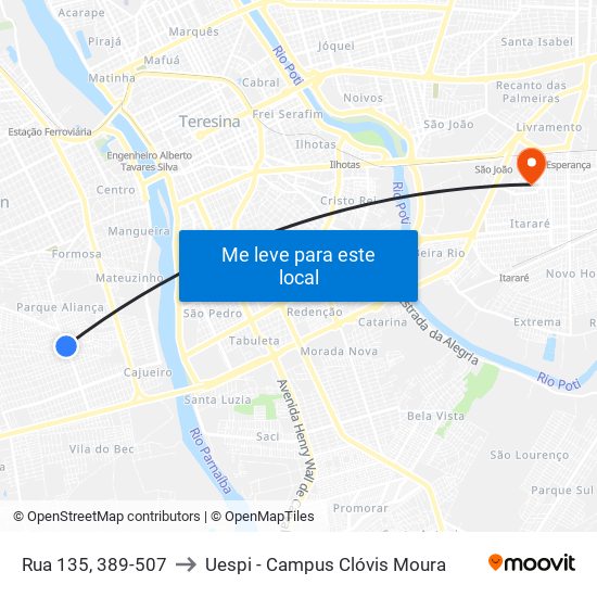 Rua 135, 389-507 to Uespi - Campus Clóvis Moura map