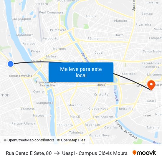Rua Cento E Sete, 80 to Uespi - Campus Clóvis Moura map