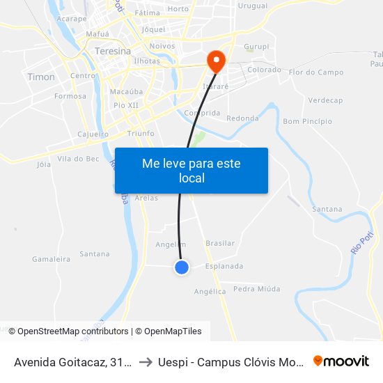 Avenida Goitacaz, 3104 to Uespi - Campus Clóvis Moura map