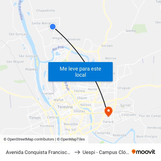 Avenida Conquista Francisco Nogueira 02 to Uespi - Campus Clóvis Moura map