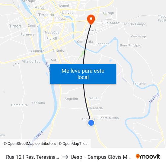 Rua 12 | Res. Teresina Sul to Uespi - Campus Clóvis Moura map