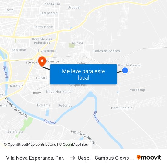 Vila Nova Esperança, Parada 01 to Uespi - Campus Clóvis Moura map