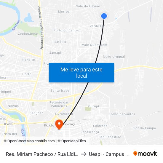 Res. Miriam Pacheco / Rua Lídia Teixeira Rosa, 316 to Uespi - Campus Clóvis Moura map