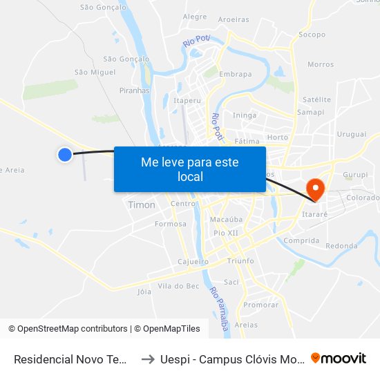 Residencial Novo Tempo to Uespi - Campus Clóvis Moura map