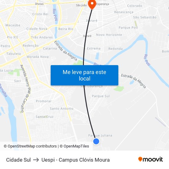 Cidade Sul to Uespi - Campus Clóvis Moura map