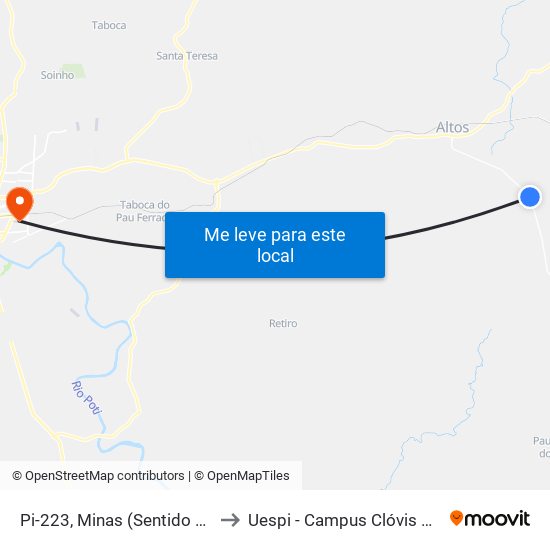 Pi-223, Minas (Sentido Altos) to Uespi - Campus Clóvis Moura map