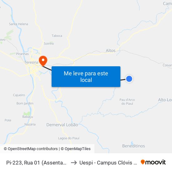 Pi-223, Rua 01 (Assentamento) to Uespi - Campus Clóvis Moura map