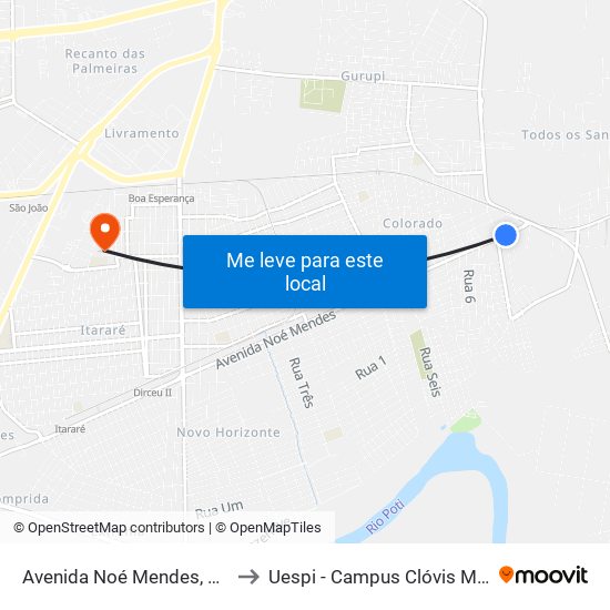 Avenida Noé Mendes, 7386 to Uespi - Campus Clóvis Moura map