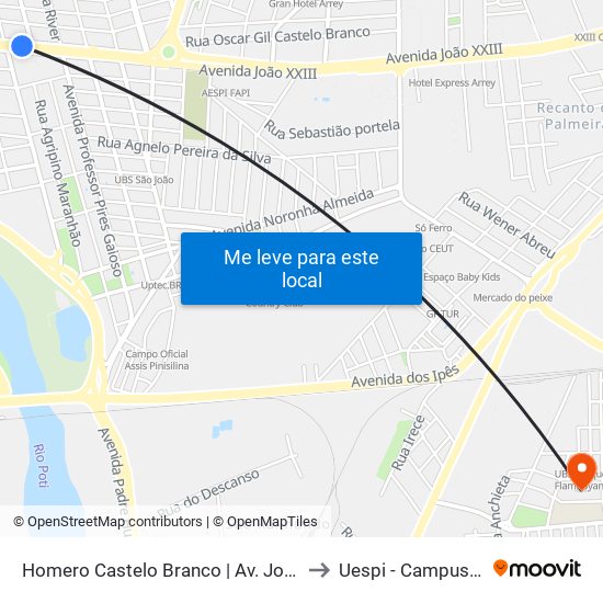 Homero Castelo Branco | Av. João XXIII - Sentido Centro to Uespi - Campus Clóvis Moura map