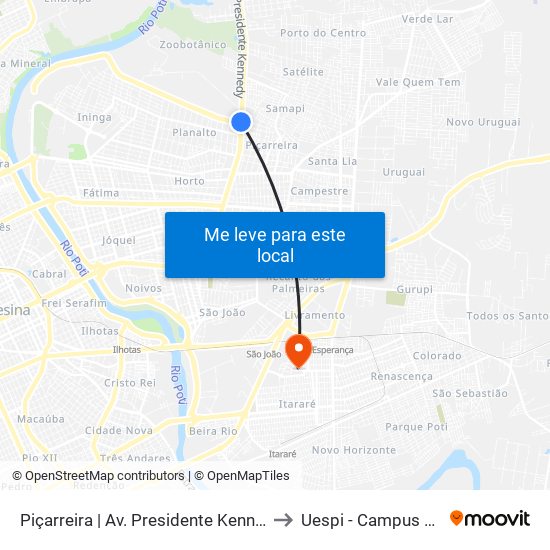 Piçarreira | Av. Presidente Kennedy - Sentido Centro to Uespi - Campus Clóvis Moura map