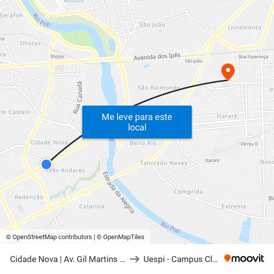 Cidade Nova | Av. Gil Martins - Sentido Bairro to Uespi - Campus Clóvis Moura map