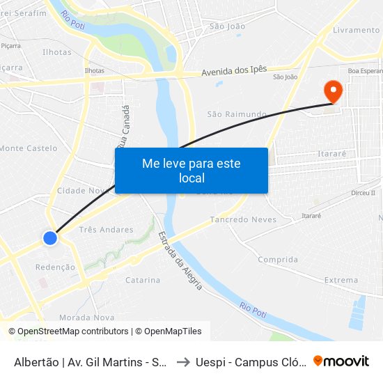 Albertão | Av. Gil Martins - Sentido Centro to Uespi - Campus Clóvis Moura map
