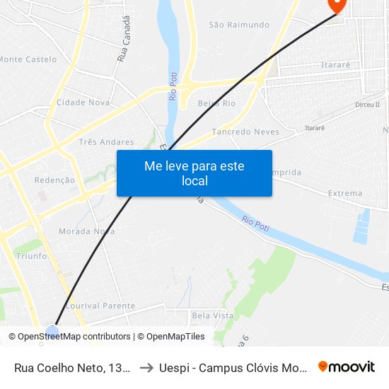 Rua Coelho Neto, 1353 to Uespi - Campus Clóvis Moura map