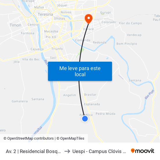 Av. 2 | Residencial Bosque Sul to Uespi - Campus Clóvis Moura map