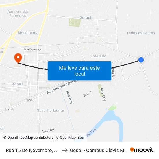Rua 15 De Novembro, 2098 to Uespi - Campus Clóvis Moura map