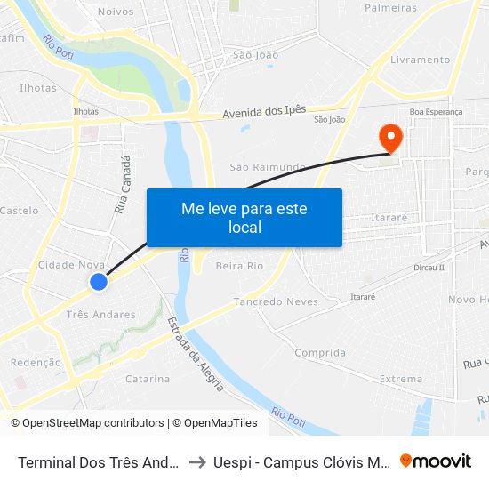 Terminal Dos Três Andares to Uespi - Campus Clóvis Moura map