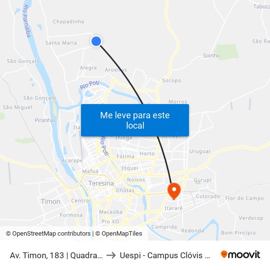 Av. Timon, 183 | Quadra 144 to Uespi - Campus Clóvis Moura map