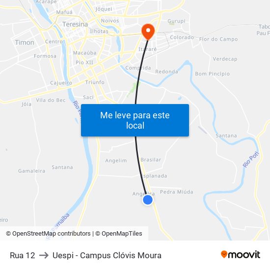 Rua 12 to Uespi - Campus Clóvis Moura map