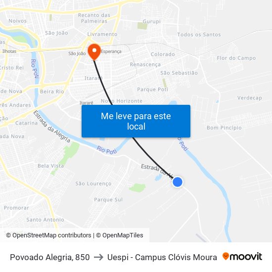 Povoado Alegria, 850 to Uespi - Campus Clóvis Moura map