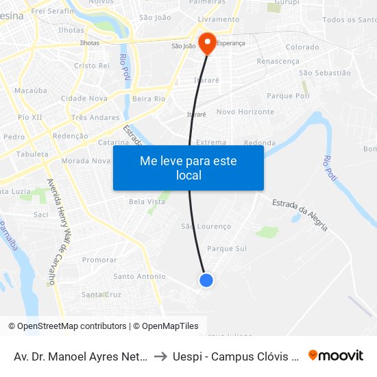 Av. Dr. Manoel Ayres Neto, 015 to Uespi - Campus Clóvis Moura map