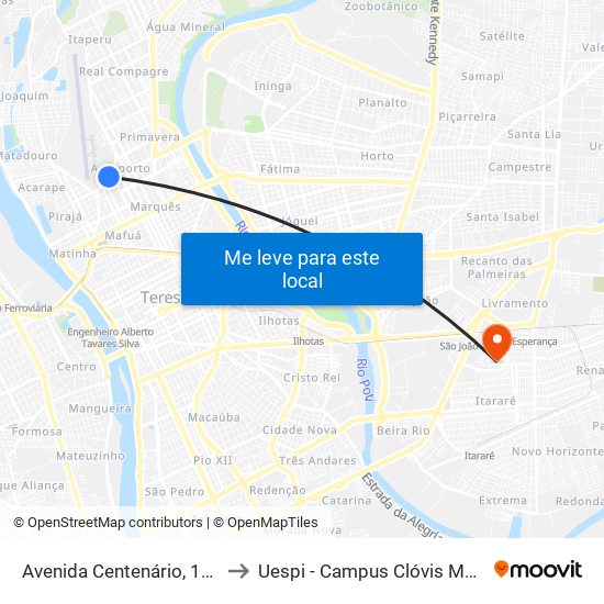 Avenida Centenário, 1200 to Uespi - Campus Clóvis Moura map