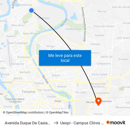Avenida Duque De Caxias, 6468 to Uespi - Campus Clóvis Moura map