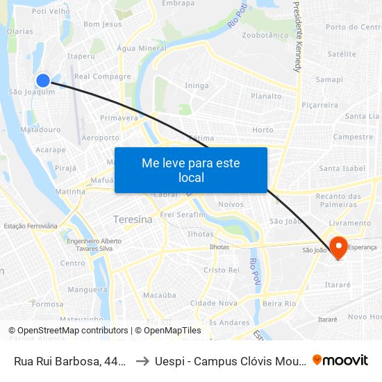 Rua Rui Barbosa, 4496 to Uespi - Campus Clóvis Moura map