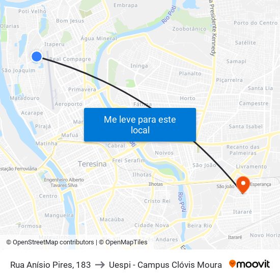 Rua Anísio Pires, 183 to Uespi - Campus Clóvis Moura map