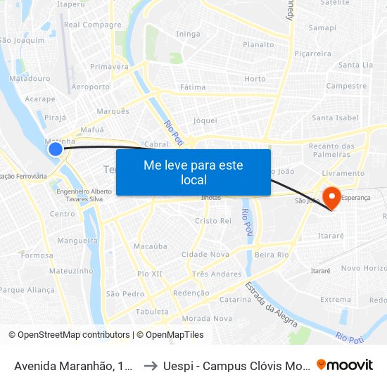 Avenida Maranhão, 1428 to Uespi - Campus Clóvis Moura map