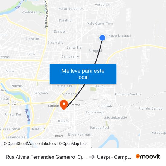 Rua Alvina Fernandes Gameiro |Cj. Planalto Uruguai-Quadra 29, 39 to Uespi - Campus Clóvis Moura map