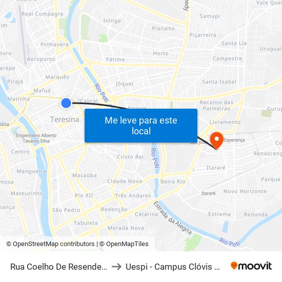Rua Coelho De Resende, 729 to Uespi - Campus Clóvis Moura map