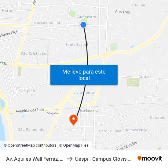 Av. Aquiles Wall Ferraz, 5101 to Uespi - Campus Clóvis Moura map