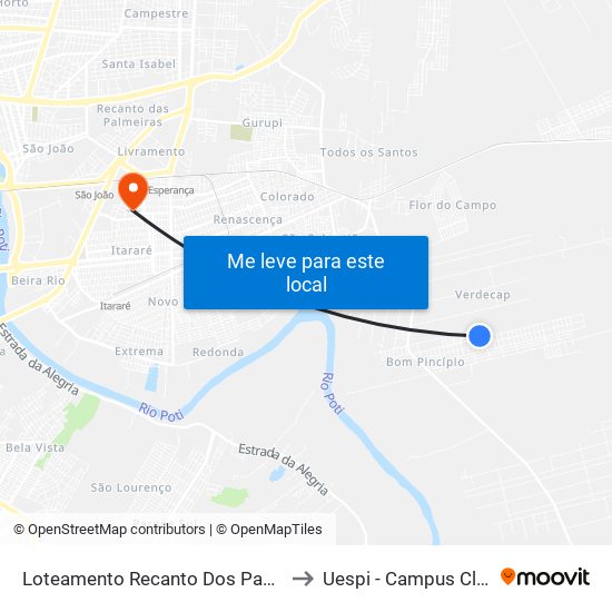 Loteamento Recanto Dos Passaros Qu C2, L2 to Uespi - Campus Clóvis Moura map