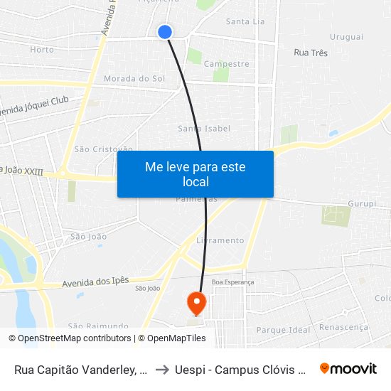 Rua Capitão Vanderley, 1790 to Uespi - Campus Clóvis Moura map