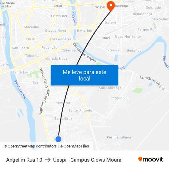 Angelim Rua 10 to Uespi - Campus Clóvis Moura map