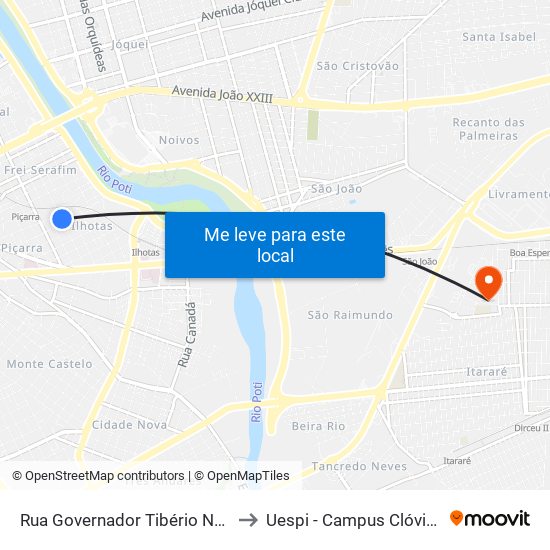 Rua Governador Tibério Nunes, 801 to Uespi - Campus Clóvis Moura map