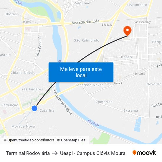 Terminal Rodoviária to Uespi - Campus Clóvis Moura map