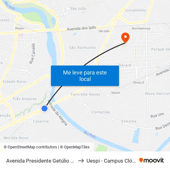 Avenida Presidente Getúlio Vargas, 3357 to Uespi - Campus Clóvis Moura map