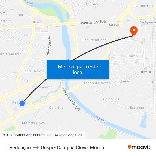 T Redenção to Uespi - Campus Clóvis Moura map