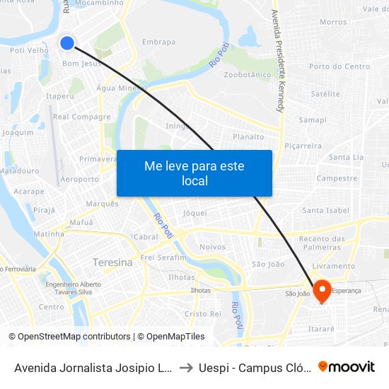 Avenida Jornalista Josipio Lustosa, 5700 to Uespi - Campus Clóvis Moura map