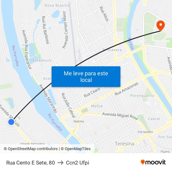 Rua Cento E Sete, 80 to Ccn2 Ufpi map