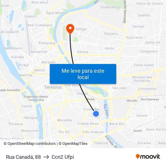 Rua Canadá, 88 to Ccn2 Ufpi map