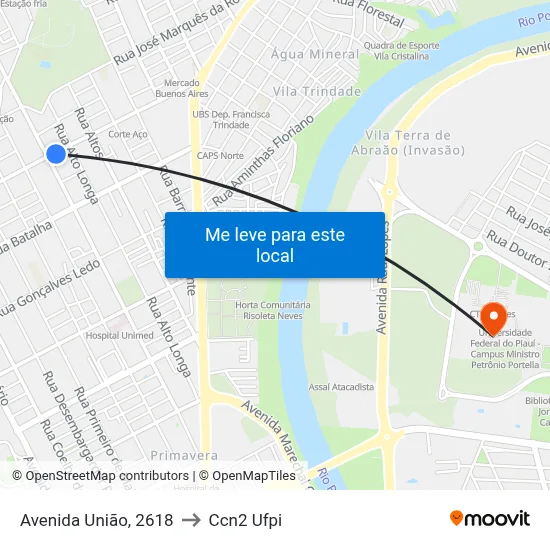 Avenida União, 2618 to Ccn2 Ufpi map