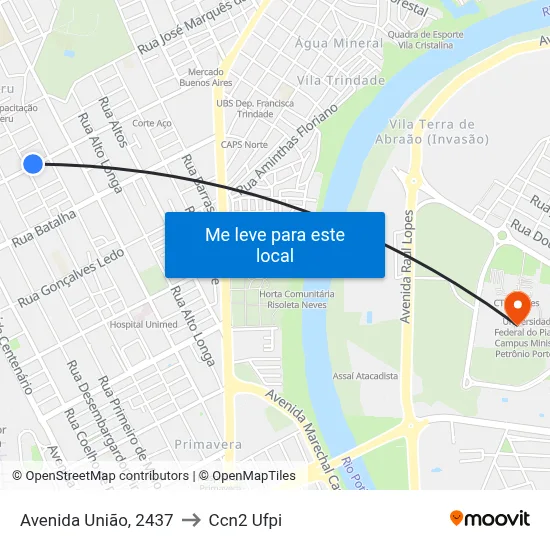Avenida União, 2437 to Ccn2 Ufpi map