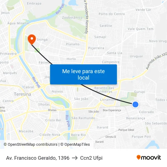 Av. Francisco Geraldo, 1396 to Ccn2 Ufpi map