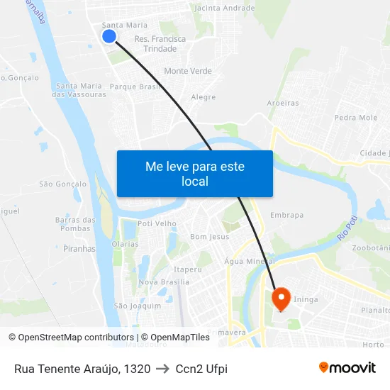 Rua Tenente Araújo, 1320 to Ccn2 Ufpi map