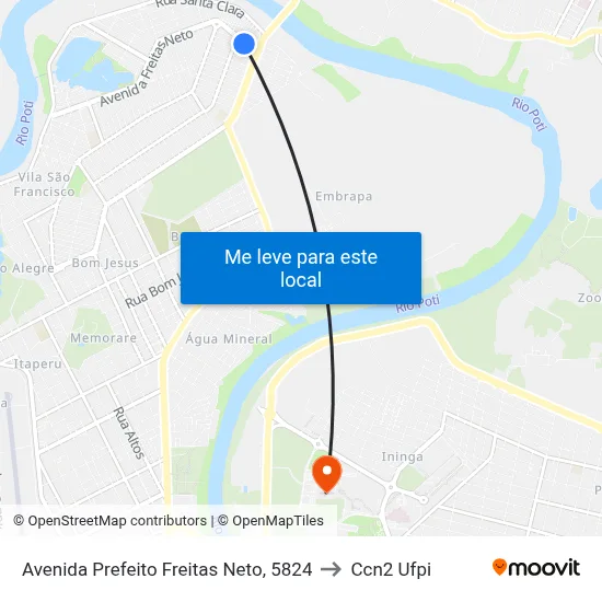 Avenida Prefeito Freitas Neto, 5824 to Ccn2 Ufpi map