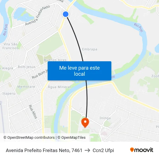 Avenida Prefeito Freitas Neto, 7461 to Ccn2 Ufpi map